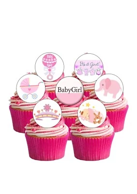 Cake Toppers 24 PRE-CUT Baby GIRL Shower Edible Wafer Paper Round Decorations - Image 1 of 4