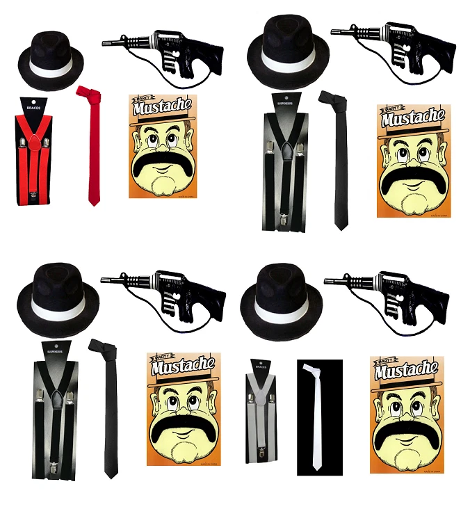 VESTIDO FANTASIA 5 PEÇAS GANGSTER MASCULINO 1920 AL-CAPONE MAFIA GANGSTER CHAPÉU ARMA GRAMPOS - Imagem 1 de 1