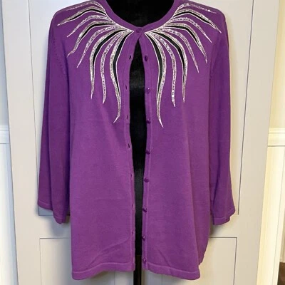 Bob Mackie Wearable Art Purple Cardigan ¾ Sleeve Sweater  Beaded Sequined XL - Image 1 of 4
