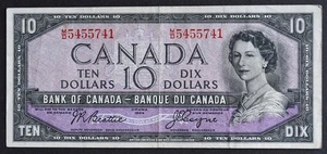 Billete de 10 dólares de Canadá 1954 P#79a S/N# M/D 5455741 - Imagen 1 de 2