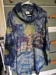 Starry Night Caroling Critters INOAH Women M Cowl Neck Textured Shirt Top Art - Picture 1 of 8