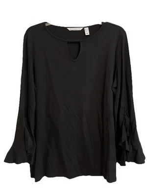 Isaac Mizrahi Live! Черный трикотажный топ с замочной скважиной с оборками длинные рукава размер средний - Изображение 1 из 4