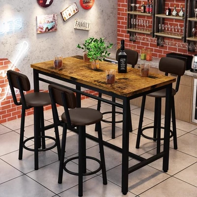 Rustic 5 PCS Pub Dining Table Set 4 Faux Leather Padded Backs And Seat Chairs - Image 1 of 4