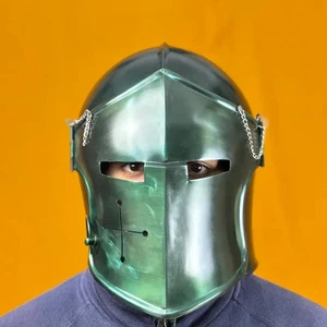 Green Antique Barbuta Helmet Medieval Knight Armor 18g Mild Steel LARP Cosplay W - Picture 1 of 8