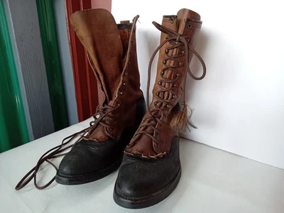 WOMENS PACKER LOGGER BOOTS SZ 8 MED TWO TONE LEATHER W-DESIGN LACE UP NICE - Image 1 of 4