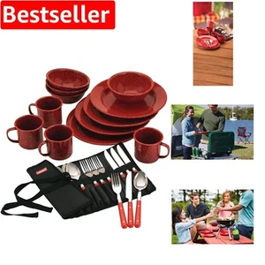 Complete 24-Piece Enamel Dinnerware Set for Camping – Dishwasher Safe & Portable - Picture 1 of 7