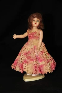 Antique 7" doll plastic(celluloid?) Mohair pink/ tan crocheted dress heart stand - Picture 1 of 9