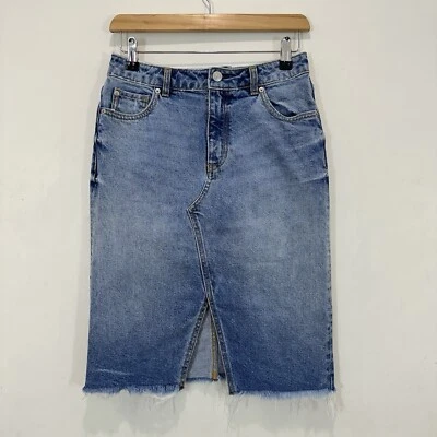 H&M Falda Mujer US 6 (27 in Cintura) Azul Denim Hasta la Rodilla Dobladillo Crudo Lápiz Algodón Foto 1 de 4