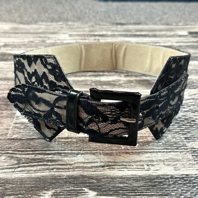 LP Linea Pelle 女式 S 码黑色蕾丝覆盖波西米亚斜角紧身胸衣 80 年代 Vibe 皮带 — 第 1/4 张图片