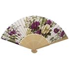 Women's Summer Wedding Floral Pattern Fabric Folding Hand Fan White Purple I2D3