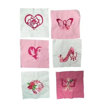 Embroidered Pink White Fabric Squares Butterfly Rose Heart Cancer Ribbons Set 6 - Image 1 of 4