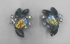 Beau Jewels Blue Yellow AB Rhinestone glass clip on Earrings 1950's 1" x 1.5" - Picture 1 of 2