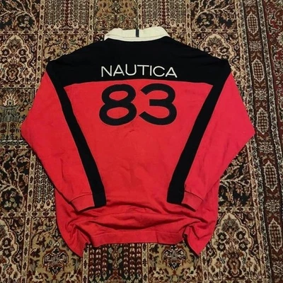 Camisa de rugby roja a rayas logotipo bloque color corte y costura Nautica 83 años 00 de colección L Foto 1 de 4