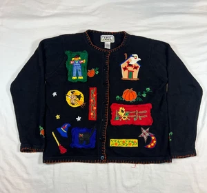 Cove Creek Halloween Medium Black Button Cat Pumpkin Night Halloween VTG Sweater - Picture 1 of 20