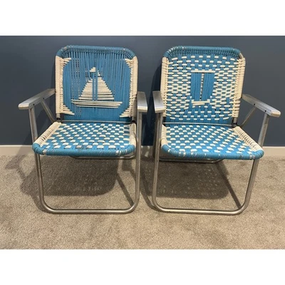 Juego de 2 sillas de césped vintage macramé azul crema ligeras para exteriores Foto 1 de 4