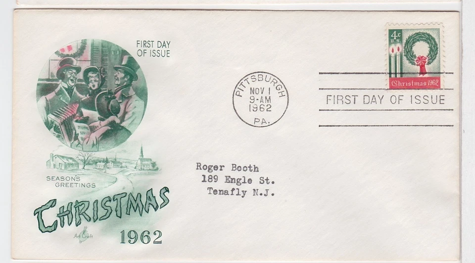 TurtlesTradingPost- Christmas Wreath- 1962 FDC #1205- Artcraft Cachet - Image 1 of 1