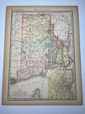 1891 RHODE ISLAND Mapa do Estado fm 1894 Rand-McNally Biblioteca Atlas VEJA FOTOS/DESCRIÇÃO - Imagem 1 de 2
