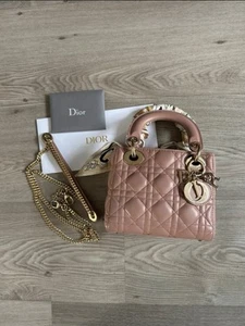 Dior Lady Mini Lambskin Handbag In Rose Des Vents Cannage Pink Leather - Picture 1 of 8