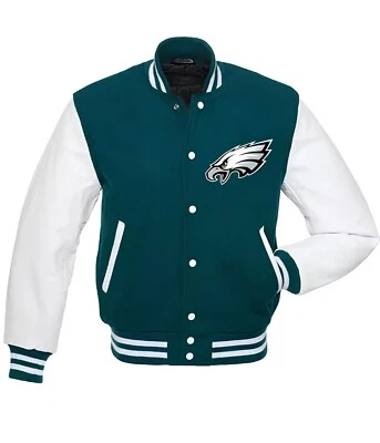 Chaqueta de béisbol Philadelphia Eagles cuerpo verde cuero blanco chaqueta universitaria Foto 1 de 4