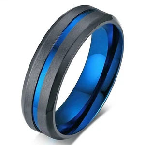 Anillo de banda de boda de línea azul delgada de acero inoxidable para hombre de 6 mm de metal gris pistola cepillado - Imagen 1 de 3