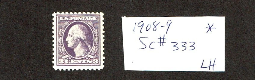 1908-9 U.S. Reg Issue NEW DESIGN 3c Vio WASHINGTON D.L. Wkm Sc#333 M/LH/OG - Image 1 of 1