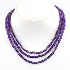 200 Cts Earth Mined 3 Strand Purple Amethyst Beaded Necklace Jewelry SK 46E427