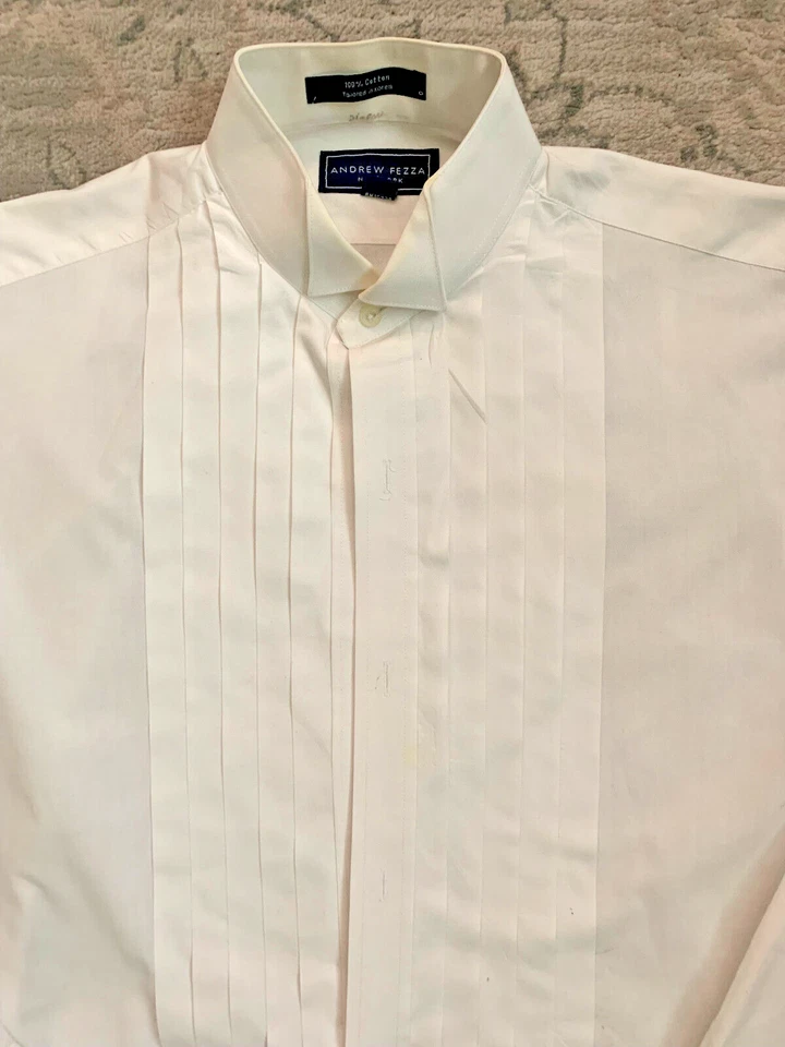 男式 Andrew Fezza 韩国制造 100% 棉打褶燕尾服正装衬衫 — 第 1/4 张图片