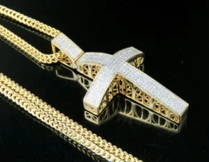 Men's 10K Yellow Gold Genuine Diamond Icy Dome Cross Pendant 1/2 CT 1.75" & C... - Picture 1 of 6