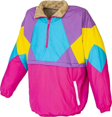 Retro Neon Windbreaker - Reversible Pullover Sherpa Jacket. Size S - Image 1 of 4