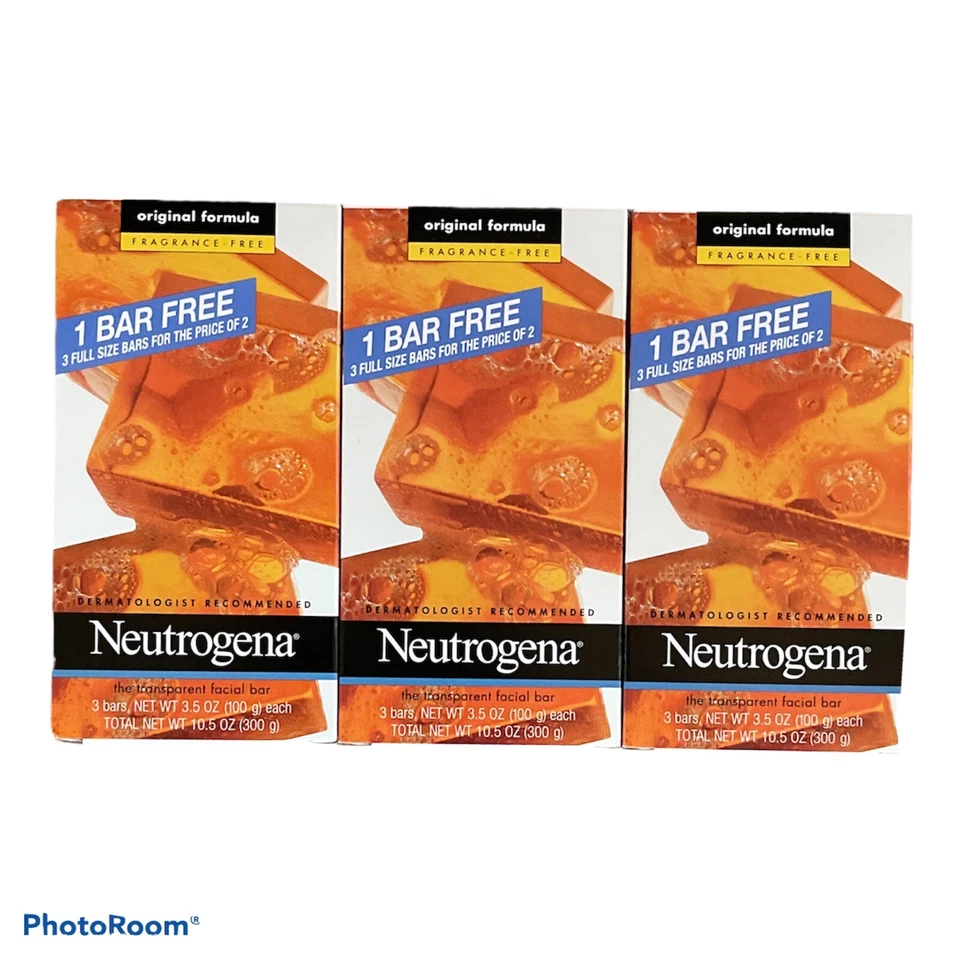 3-Pack Neutrogena Transparent Facial Bar Soap Fragrance Free 9 FULL Size Bars - Image 1 of 2