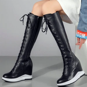 Women's Cow Leather Wedges Thigh High Boots Lace Up High Heel Fashion Sneakers - Picture 1 of 25