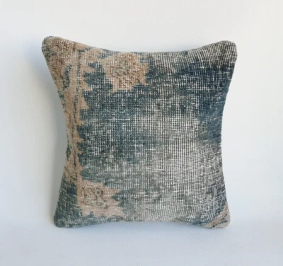 Vintage turqoise carpet pillow case, handmade turkish rug pillow cover - Image 1 of 4