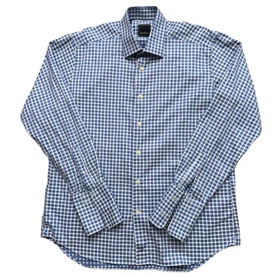 Camisa David Donahue Para Hombre 16.5-34/35 Vestido Manga Larga Puño Francés Cuadros Azul Foto 1 de 4