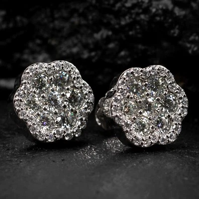 Iced Moissanite Flower Cluster Hip Hop 925 Sterling Silver Stud Earrings - Image 1 of 4