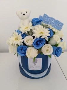 Hat Box Baby Boy Blue/Cream Silk Flowers - Gift Hamper - Picture 1 of 2