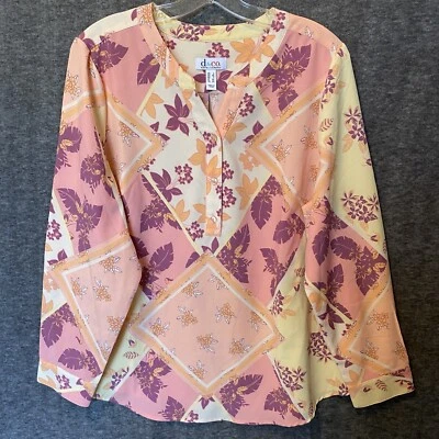 Denim & Co Top Womens Large Pink Yellow Floral Popover V-Neck Long Sleeve Blouse - Image 1 of 4