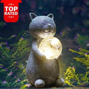 Solar Cat Statue Garden Decor LED Ball Gift for Mom Grandma Yard Lawn Patio - Picture 1 of 12