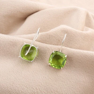 Cushion August Birth Peridot 925 Silver Wedding Dangling Dainty Earrings Jewelry - Image 1 of 4