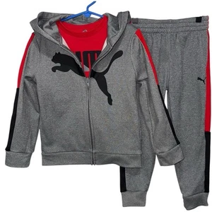 PUMA 3 PIECE SET ZIP UP JACKET WITH RED T-SHIRT GRAY PANTS Size 5 - Picture 1 of 13