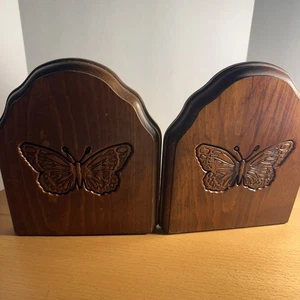Vintage MCM 70’er geschnitzte Holz Buchstützen Schmetterling Holz Retro Schmetterlinge - Bild 1 von 10