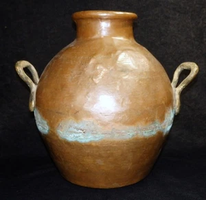 LG 11" Antique Signed Egyptian COPPER COOKING POT Jug~Brass Handles, Nice Patina - Picture 1 of 13