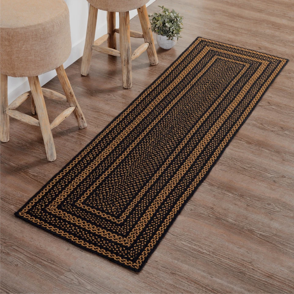 VHC Black & Tan Jute Rectangle Rug Runner w/ Pad 24x78 Farmhouse