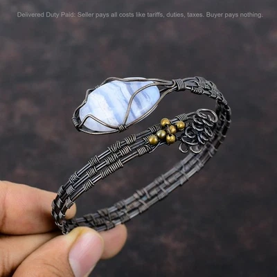 Oferta Cyber Monday Cobre Natural Azul Encaje Ágata Alambre Envuelto Boho Puño Joyería Foto 1 de 4