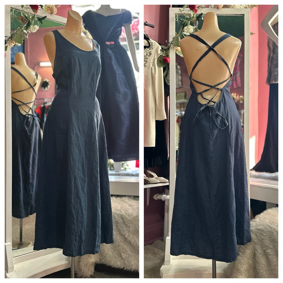 Maxi Vestido Corsé Vintage Años 90 Con Cordones Azul Cambray Espalda Abierta Boho Cáñamo M Foto 1 de 4
