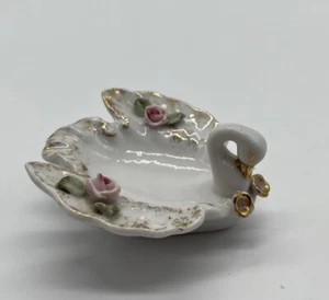 Bandeja de ceniza con flores rosa y oro cisne vintage - Imagen 1 de 8
