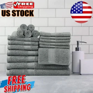 Solid Bath Towel Set 100% Cotton Plush Soft Absorbent Maching Washable Grey New - Picture 1 of 5