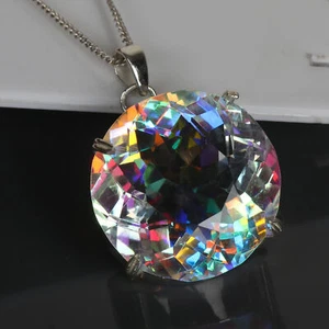 Mystic Topaz Solid 925 Silver Round Cut Pendant 55 Carat Hydrothermal for Beach - Picture 1 of 11