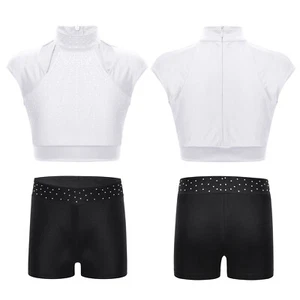 Kids Girls Outfit Set 2 Piece Jazz Crop Top Dancewear Shorts Active Gymnastics - Picture 1 of 85