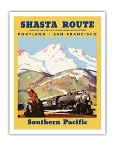 Shasta Route - Vintage Southern Pacific Railroad Travel Poster by M Logan 1933 - Picture 1 of 25