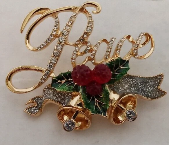 Napier Gold Tone Peace with Bells Christmas Pin